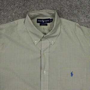 Ralph Lauren Shirt Mens Large Yellow/Blue 100% Cotton Short Sleeve Button Down